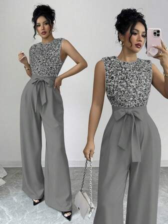 SHEIN Raffinéa Mono elegante francés para vacaciones, parches de lentejuelas transparentes, cierre con cremallera en la espalda; cinturón de tela en la cintura, diseño de manga abullonada y fruncida, pantalones de pierna ancha