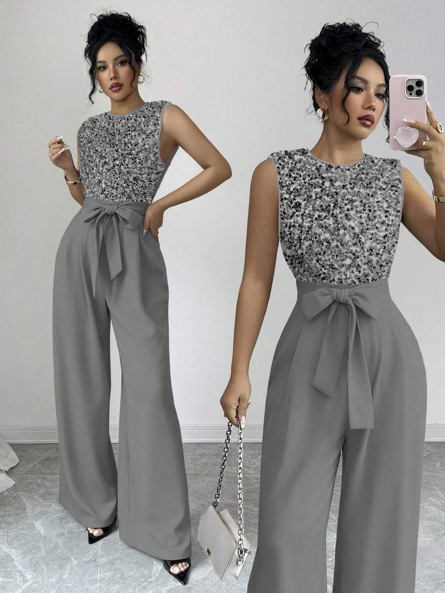 SHEIN Raffinéa 法式优雅度假连体裤，透视亮片拼接，后背拉链；腰部配有布腰带，泡泡袖褶皱设计，阔腿裤 - 灰色 - 查看 1