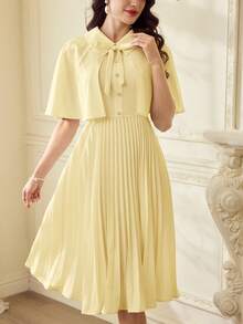 Vintamour Conjunto de 2 piezas de mujer vintage, elegante y clásico, que incluye capa/chal de primavera/verano y vestido con cuello plisado - Amarillo claro - Ver 6