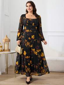 Modelyn 大码女式印花方领灯笼袖褶皱优雅连衣裙 - 彩色 - 查看 6