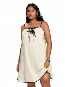 Solavibe Plus Size Tie Front Contrast Trim Textured Fabric Casual Vacation Slip Dress - Apricot - View 3
