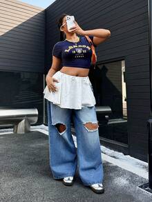 SHEIN ICON Plus Size Women's Loose Wide-Leg Distressed American Streetwear Baggy Jeans - Blue - View 4
