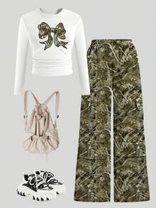 Sparklyn 2pcs/Set Girls Camo Pants And Bow Print Long Sleeve Top, Outfit Set
