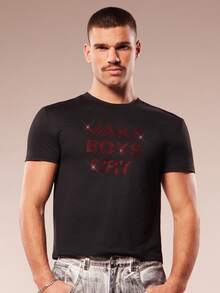 FeverCity Men's Casual Hip-Hop Rhinestone Embellished Short Sleeve T-Shirt - Black - View 6