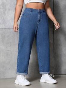 SHEIN ICON Jeans ajustados de talle alto de estilo casual para mujer de talla grande, versátiles para el uso diario - Azul lavado medio - Ver 7