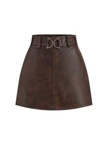 Ellevyn Women's PU Leather Metal Waist Belt Design Fashionable Versatile Date Outfit Mini Skirt Brown Leather Skirt - Burgundy - View 6