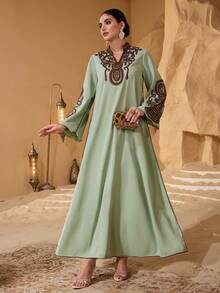 Layrah Women's New Fashion Elegant Luxurious Colorblock Floral Collar, Cuff, Sequin Embroidery, Rope Tie, Irregular Ruffle Flared Sleeve Maxi Dress, Spring/Summer Turkish & Arabic Traditional Kaftan - Green - View 4