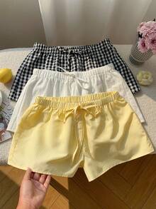 SHEIN CURVE+ Quần short ống rộng nhiều màu sắc, kiểu dáng thường ngày, dành cho nữ, chất liệu vải dệt họa tiết hình học với chi tiết thắt nút, hơi xuyên thấu. - Nhiều màu - Xem 4