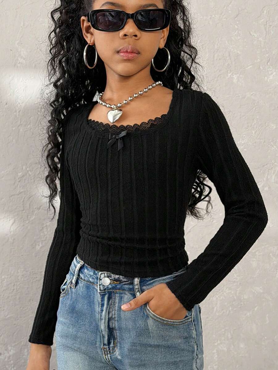 Coolane Kids Tween-Mädchen Herbst/Winter, Basics für jeden Tag, süßes schwarzes, figurbetontes Langarmshirt mit Spitze, Kleidung für Neujahr, Winter und Weihnachten - Schwarz - Übersicht 1