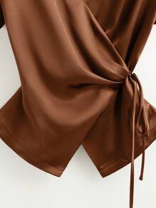 Franclia 女士荷叶边领蝴蝶结系带衬衫，夏季新款，府绸面料，适合通勤、度假、约会等场合。 - 棕色 - 查看 3