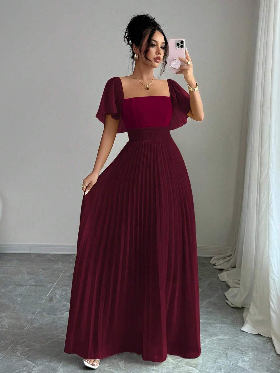 Elenzga 奶油黄色女士A字连衣裙，方领收腰，优雅浪漫 - 酒紅色 - 查看 1