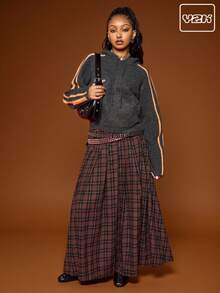 COUREZ Maxi Fold Pleated Skirt In Check /Y2K  Spring For Women Party For Women Going Out Sexy Skirt Elegant Skirt Brown Long Skirts For Women Festivals - Brown - View 1