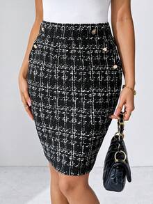 Editum Women's Elegant Faux Leather Pocket With Metal Buckle Skirt, Suitable For Work, Casual And Daily Wear In Summer - Black and White - View 3