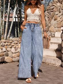 Breezaya Women's Elastic Waist Floral Denim Wide Leg Pants - Light Wash - View 6