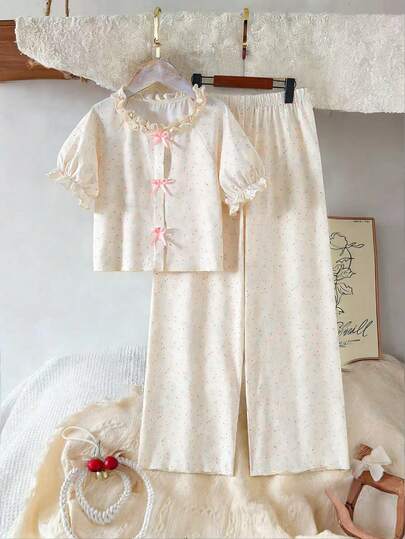 2pcs/Set Teenage Girls' Home Wear, Frill Collar, Puff Sleeve Top, Bow Decor Casual Straight Pants, Soft Skin-Friendly Fabric, Ditsy Floral, Light Pink, Sweet & Gentle Style, Suitable For Loungewear