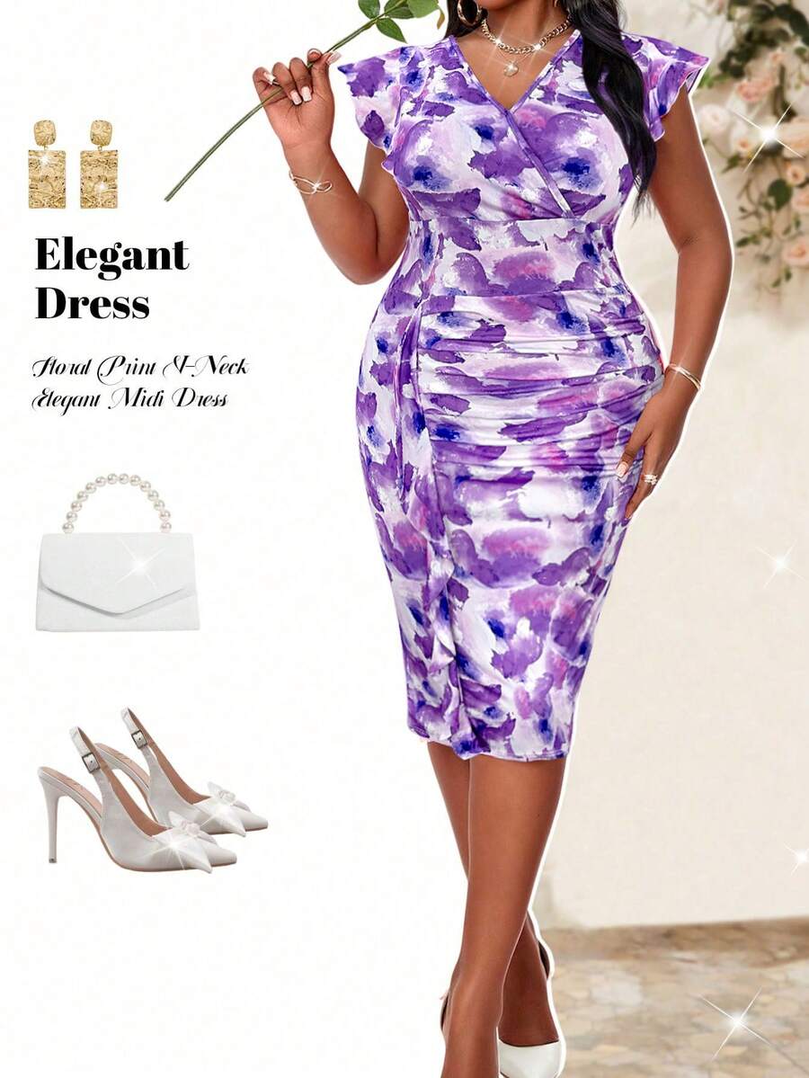 Fleurora Plus Size Women Tie-Dye Print V-Neck Flutter Sleeve Fitted Elegant Dress, Summer - Purple - View 1
