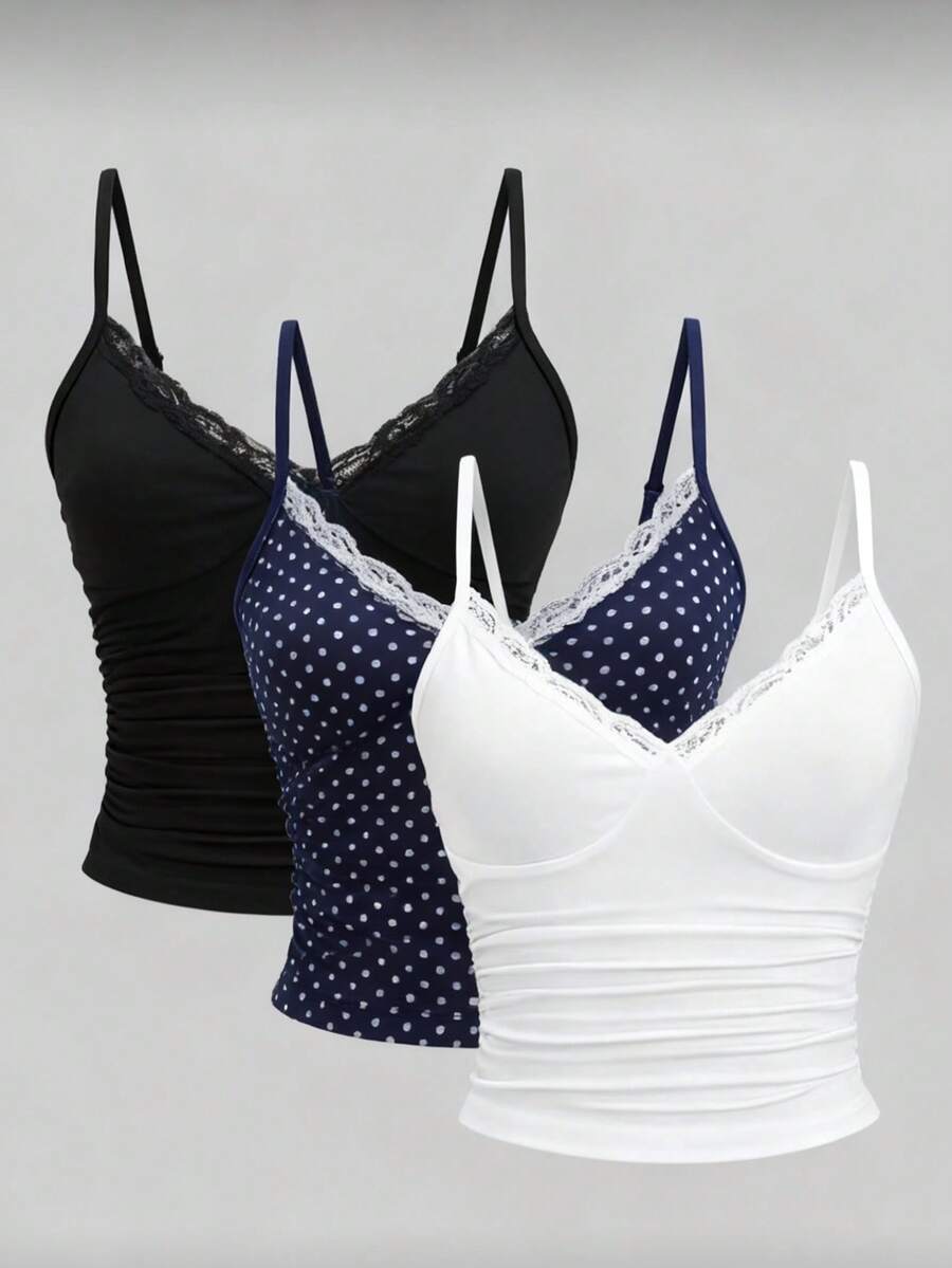 INAWLY 女士极简印花蕾丝无袖圆领背心 - 彩色 - 查看 1