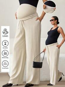 MaterniWear Pantalones anchos de pierna ancha con cintura ajustable y cordón, unicolor, para uso diario y casual de maternidad - Albaricoque - Ver 1