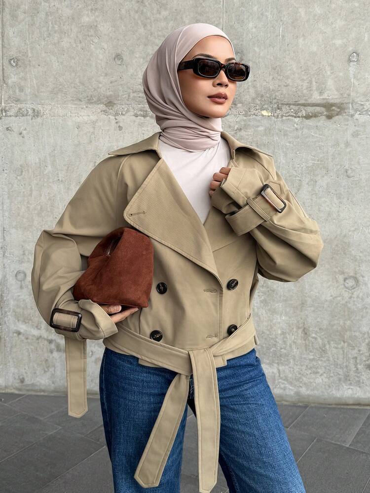 Women's Solid Color Raglan Sleeve Double-Breasted Casual Jacket