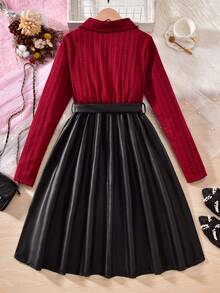 Autumn/Winter Striped Long Sleeve Collared Patchwork Brown Dress For Teen GirlLively & Fashionable, Suitable For Party, Daily Wear And More Occasions Red Long Sleeve Top Black Skirt Set Teen Girl Red Black Outfit Teen Girl Skirts Sets Elegant Set For Girls Skirt - Multicolor - View 2