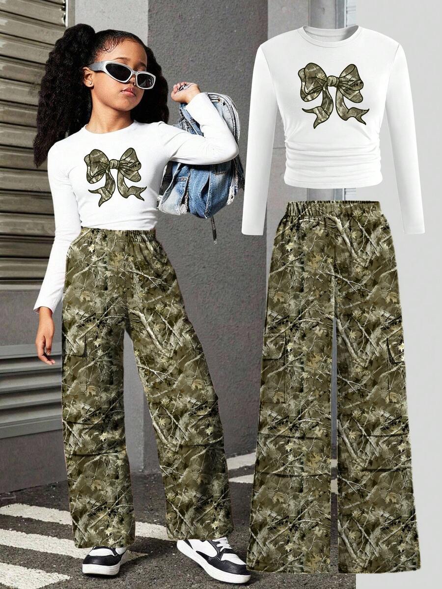 Sparklyn 2pcs/Set Girls Camo Pants And Bow Print Long Sleeve Top, Outfit Set