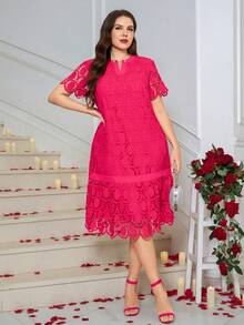 SHEIN Clasi 大码女式V领短袖蕾丝优雅连衣裙 - 玫紅色 - 查看 5