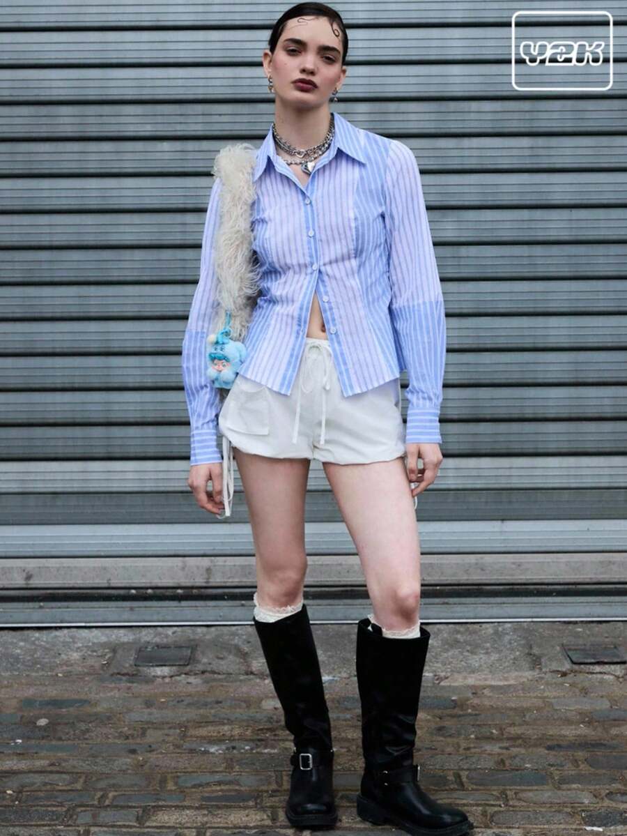 COUREZ Long Sleeve Fitted Cut And Sew Shirt /Summer For Women Summer Tops Y2K Streetwear Cute Summer Top Jersey Vintage Cotton - Blue - View 1