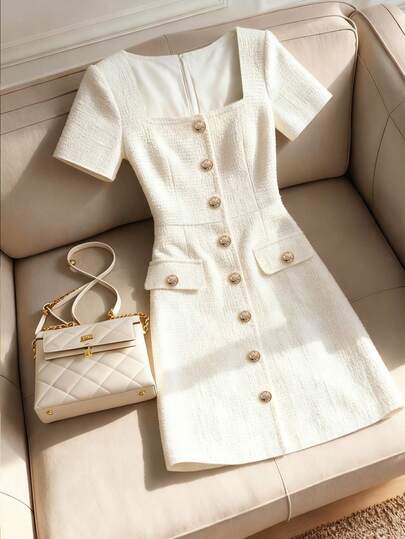 Franclia Women's Dress, Women's Mid-Length Versatile Floral Dress, Short-Sleeved Square Neck Buttoned Faux Pocket Design, Double-Layered Short Dress, Solid Color White Floral Romantic Valentine's Day Outfit, Casual Date, Seaside Summer Vacation, Zipper-Adjustable Waist Dress.