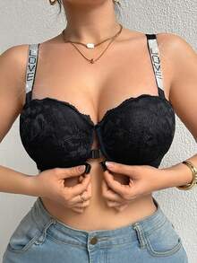 DesireSculpt 1件加大码前扣蕾丝文胸，性感优雅水钻肩带内衣 - 黑色 - 查看 1