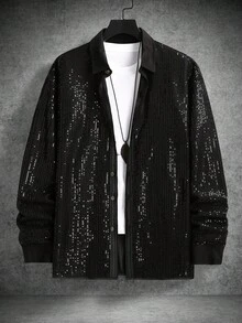 Manfinity AFTRDRK Plus Size Men's Solid Color Long Sleeve Sequin Single-Breasted Dress Shirt,Men Old Money,Daily Leisure, Weekend Trips, Outdoor Activities, Travel Expeditions, Relaxed Work Environments Or Semi-Formal Occasions, Boyfriend/Husband Gift, Anniversary /Birthday Gift Party Summer Vacation Holiday New Years Wedding,Gorgeous Party,Long-Sleeve Glitter Shirt - Black - View 7