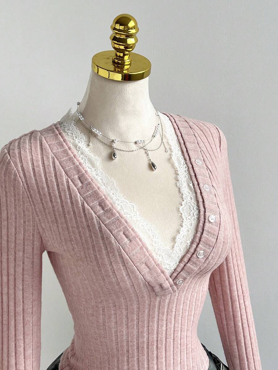 Elamini Cute & Sweet Textured Lace Splice Deep V Slim Fit Long Sleeve T-Shirt, Spring - Pink - View 1