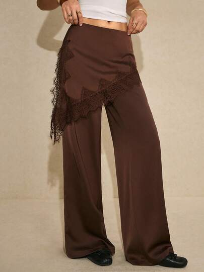 Poéselle Women's Pants Chocolate Satin Wide-Leg Pants With Asymmetric Lace Overlay – High-Waist Silky Lounge Trousers For Women Satin Wide Leg Pants Chocolate Brown Trousers Lace Trim Pants High Waist Lounge Pants Silky Wide Leg Bottoms Quiet Luxury Style Contrast Lace Design 2 In 1 Fashion Pants Spring Outfit Women Valentine's Day Brown Pants Boho Pants For Women