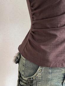 Attitoon Deep Brown V-Neck Vintage Blouse, Waist Cinching Slimming Design Women's Shirt - Brown - View 6