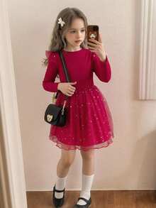 Young Girl Cap Sleeve Star Print Mesh Dress, Spring/Autumn - Burgundy - View 1