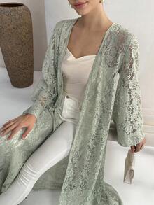 Yasmyna Women's Lace Bell Sleeve Loose Elegant Abaya Robe - Green - View 7