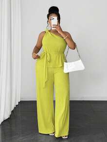 Maweii Plus Size Women's Fashion Solid Color 3D Floral Decor One-Shoulder Top And Pants 2-Piece Set, Summer - Lime Green - View 3