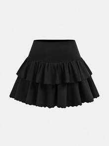 SHEIN Girlism 2件套少女休闲运动套装，黑白荷叶边下摆半身裙搭配打底裤，适合春夏穿着。 - 黑與白 - 查看 4
