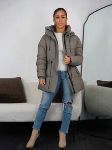 SAYEHFBABY Fashionable Casual Adjustable Waist Quilted Mid-Length Hooded Padded Padded Coat Clothes Winter For Women  - Grey - View 1