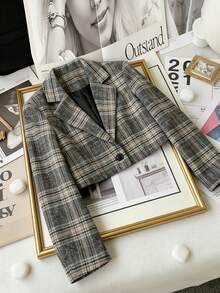 Franclia 2026 New Arrival Women's Short Plaid Blazer - Long Sleeve Black Buttons Casual Commute Minimalist Preppy Style Office Jackets