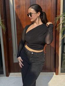 MDEdit Solid Ruched Asymmetrical Neck Tee - Black - View 4