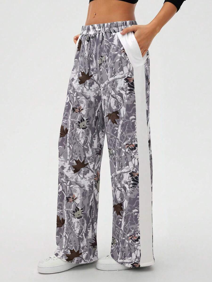 SHEIN LUNE Women's Casual Girlisim Loose Fit Maple Leaf Print Pocket Palazzo Pants, Autumn Golf Pastal - Multicolor - View 1