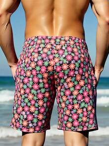 Manfinity Swimmode 男士休闲印花抽绳腰宽松沙滩短裤，带侧袋，夏季度假风男士配套泳裤，男士沙滩装，男士泳裤短裤，夏威夷黑色夏威夷风泳裤，印花泳裤，男士印花泳裤，男士配套印花短裤 - 紅色 - 查看 2