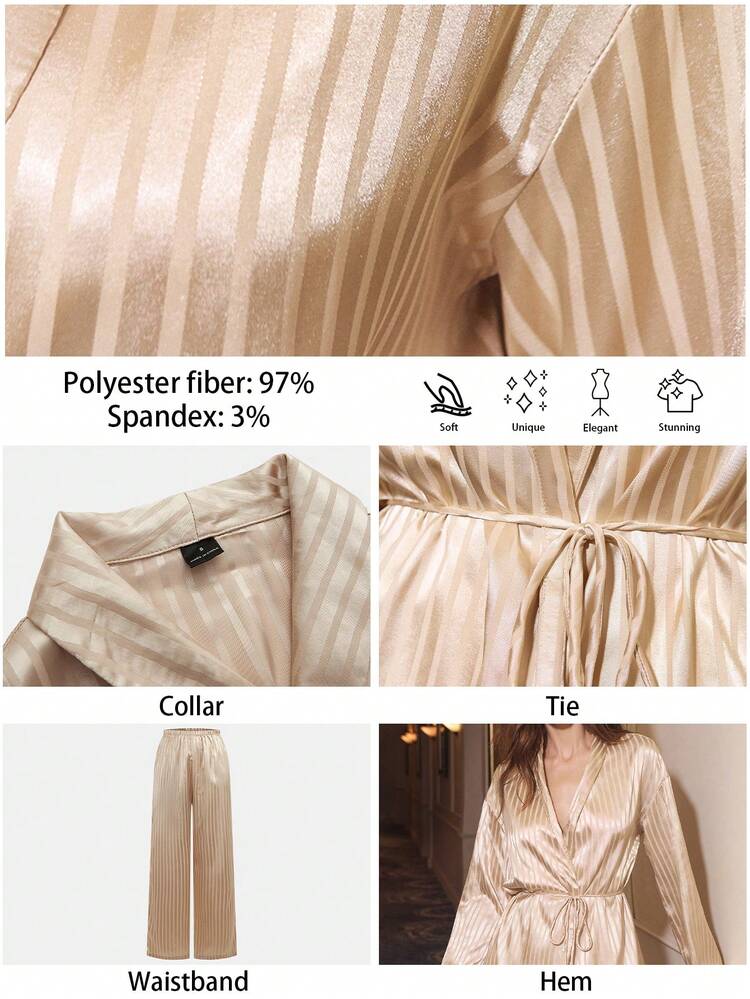 SHEIN Maija Women's Striped Shawl Collar Long Sleeve Shirt And Loose Pants 2 Pieces Set Family Christmas Matching Pajamas Set Family Christmas Pajamas Casual Women Outfits Casual Terno Outfit For Women