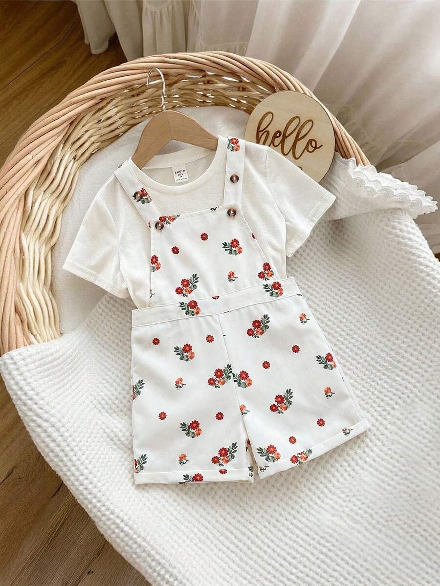 Babygirl Cute Versatile Casual Apricot Ditsy Floral Romper - White - View 1