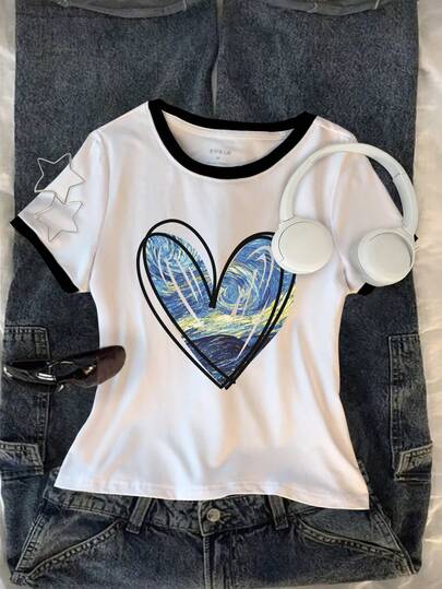 Glimmora 女士撞色爱心印花短袖休闲圆领T恤