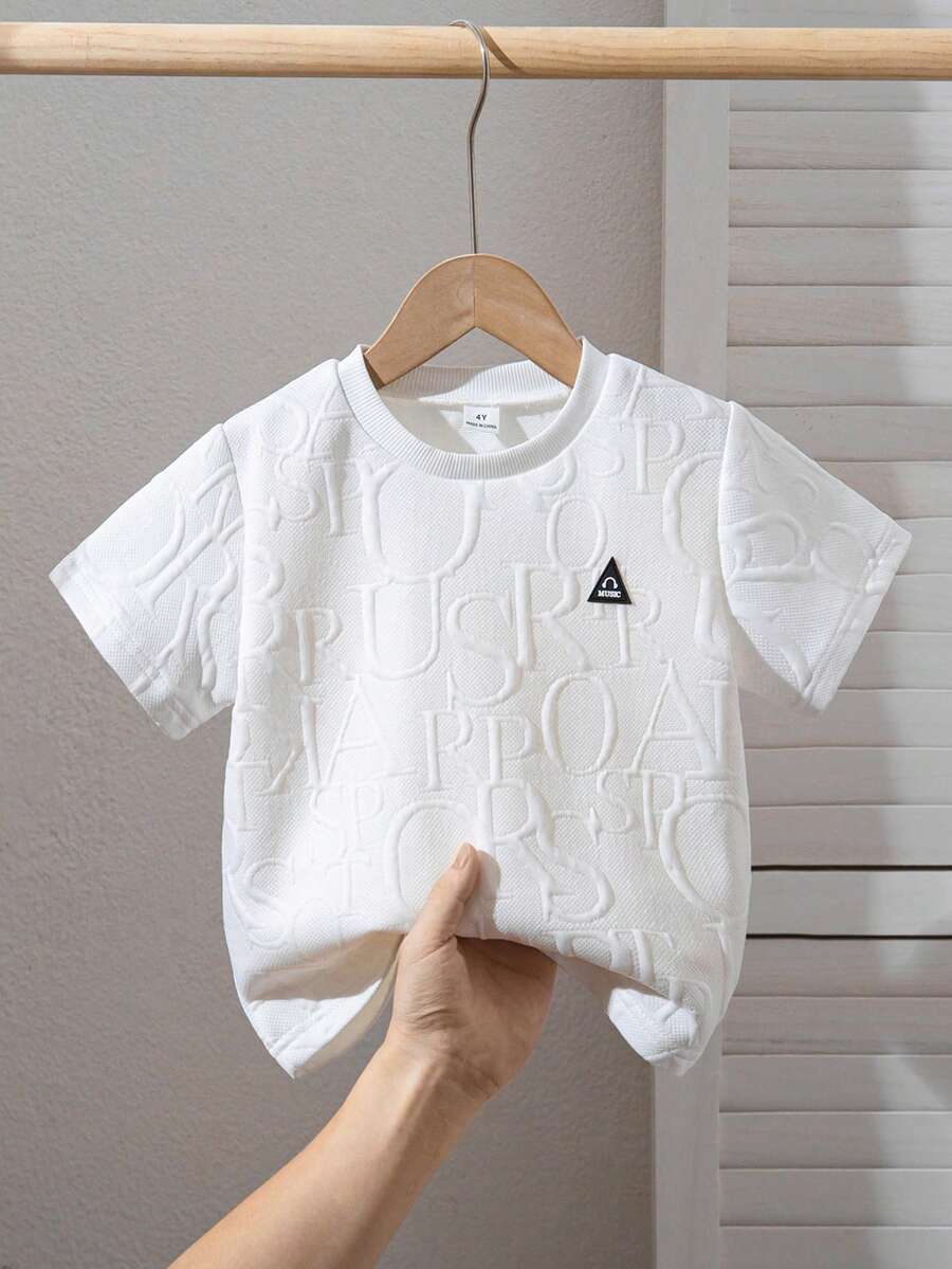 SHEIN 男童字母压纹圆领短袖休闲T恤 - 白色 - 查看 1