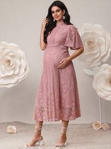 SHEIN 优雅蕾丝纯色孕妇派对礼服 - 粉色 - 查看 9
