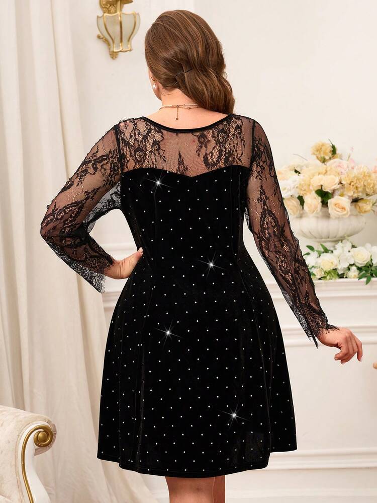 Plus Size Velvet Rhinestone Lace Patchwork Dress