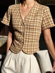 DAZY 女士优雅印花V领常规款外套，春夏款 - 杏色 - 查看 1