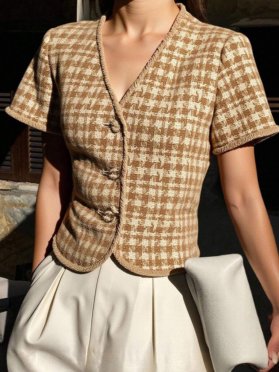 DAZY 女士优雅印花V领常规款外套，春夏款 - 杏色 - 查看 1